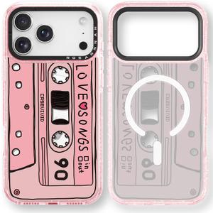 for iPhone 17 Pro Case Cute - Compatible with Magsafe - Durable Shockproof 6.6 ft Drop Impact Phone Case - Funny Cassette Tape Design (6.3") Glitter Pink