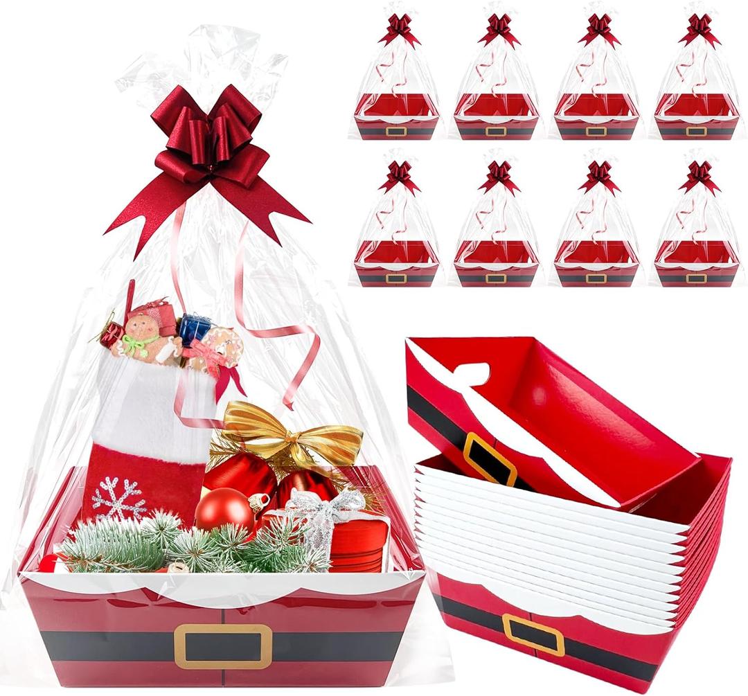 30 Pcs 10 Pack Christmas Baskets for Gifts Empty 8.5" x 10" with Xmas Pull Bows Clear Present Bags, Red Santa Claus Belt Empty Gift Baskets Kit To Fill for Winter Christmas Holiday Party Favors