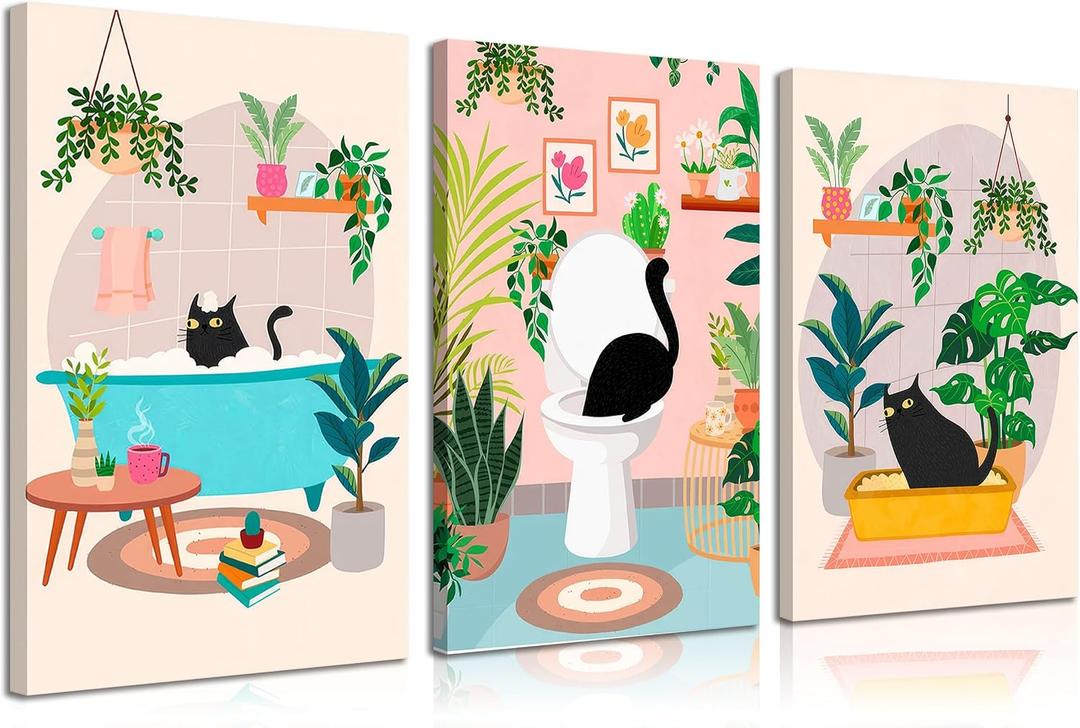 3pcs Black Cat Bathroom Canvas Wall Art Funny Cute Vintage Cats Wall Decor Pictures Green Plants Black Cat Posters Prints for Bathroom Toilet Decoration Ready To Hang, 12x16in