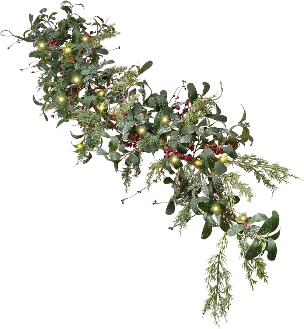 Christmas Garland with Lights, 7.5ft Greenery Pine Garland/Red Berry Garlands, Prelit Garland for Mantle Fireplace Outdoor Thanksgiving Xmas Holiday Decorations (Olive Leaf)