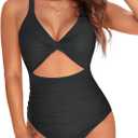 Tempt Me Women One Piece Swimsuits Tummy Control Cutout Bathing Suits Ruched V Neck Twist Front Swimwear (Large, Black 1)