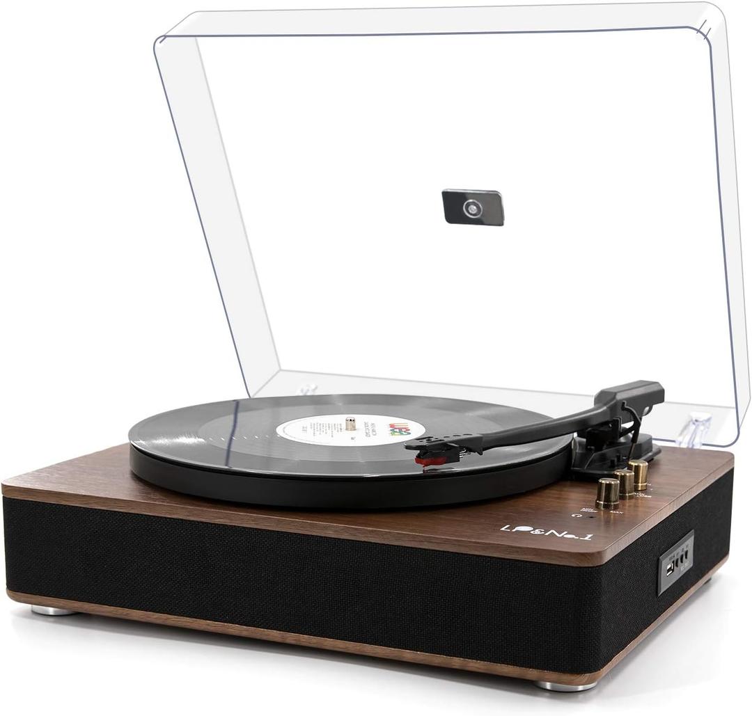 LP&No.1 Record Player with Stereo Speakers, 3-Speed Belt-Drive Turntable for Vinyl Records with Wireless Playback and Auto-Stop,Walnut Wood