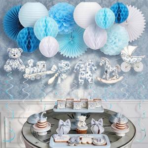 Epakh 23 Pcs Blue Toile De Jouy Baby Shower Decoration Pre-strung Vintage Blue Pink Toile De Jouy Sign with Honeycomb Ball Paper Flower Lantern Fan Hanging Swirl for Boy Baby Shower Decoration