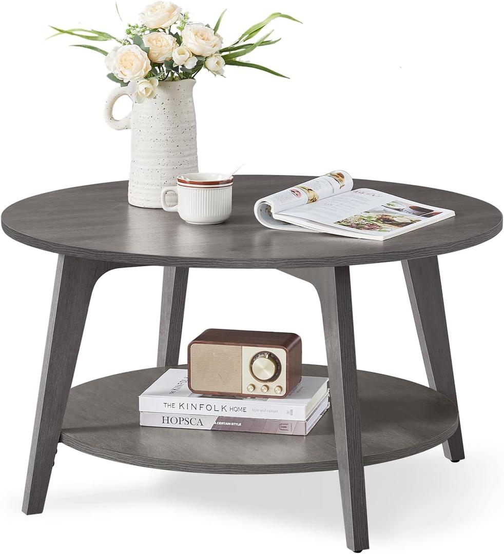 VASAGLE Round Coffee Table, 2 Tier Coffee Table with Storage, for Living Room, 31.5 x 17.7 Inches, Easy to Assemble, Misty Gray ULCT243G68