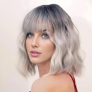 Silver Gray Wig with Bangs 14 Inch Short Bob Wavy Wig for Women Shoulder Length Ombre Grey for Cosplay Party Daily Use