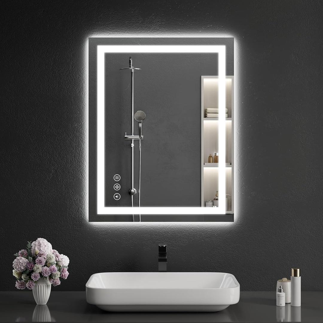 LED Bathroom Mirrors 24"x28" Bathroom Mirror with Lights for Wall, Backlit + Front Lit, 3 Colors, Anti-Fog, Dimmable Brightness for Vanity,Bathroom, Entryway, Living Room
