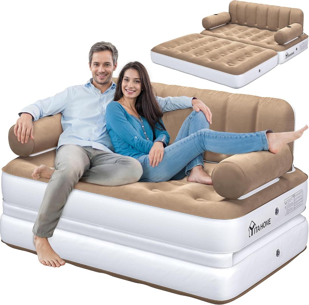 YITAHOME Queen Size Inflatable Sofa Bed with Headboard and Pump, Convertible Blow Up Couch, 2-in-1 Black Air Sofa Bed for Home, Camping, and Guests, Brown