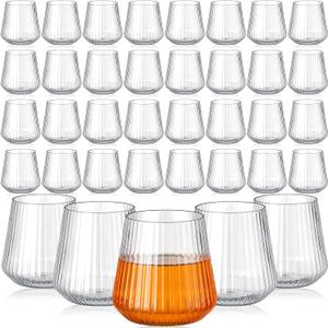 Suclain 100 Pack Plastic Wine Glasses Ribbed Stemless Wine Glasses 14oz Vertical Design Unbreakable Cups for Outdoor Indoor Vintage Elegant Champagne Whiskey Glasses for Christmas Party Wedding, Clear