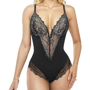 Sexy Lace Shapewear Bodysuit Women's Sleeveless V Neck Tummy Control Backless Thong Tank Tops Body Suit Shaper,M