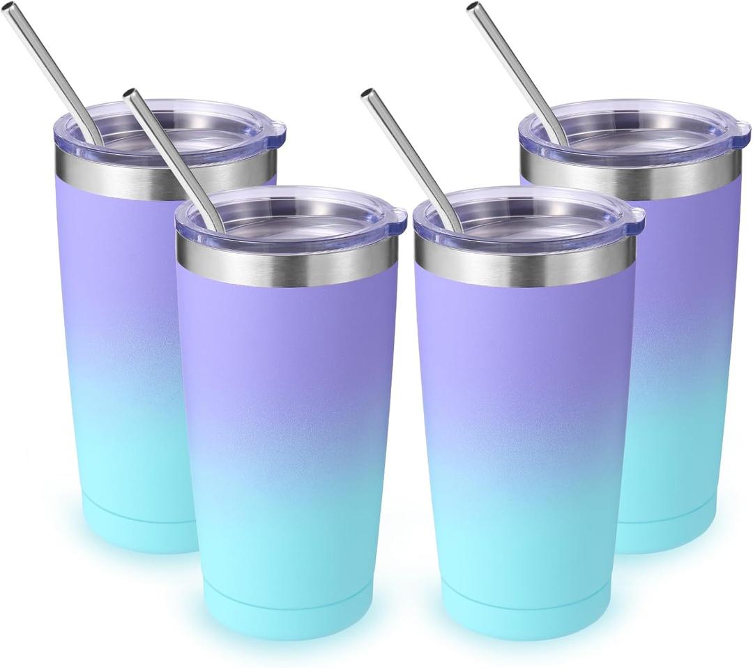 Volhoply 20oz Stainless Steel Tumbler with Lid and Straw Bulk 4 Pack,Double Wall Insulated Travel Iced Coffee Mug Fits Cup holder,Powder Coated Cups for Cold Drinks,Gifts for Women（Purple Bule,4 Set）, Medium