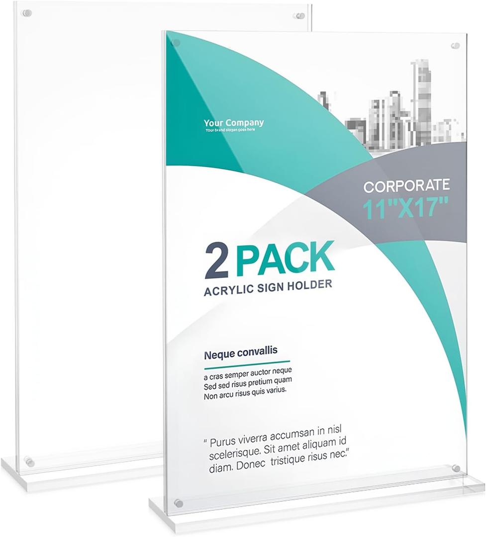 11x17 Acrylic Sign Holder Table Top with Magnetic Corners, 2-Pack – Quick Change Display Stand for Menus, Posters and Ads, Restaurant, Office, Events, Retail, Large Size