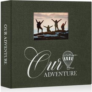 Lanpn Photo Album Scrapbook 12x12, OUR ADVENTURE Linen Cover Window Balloon Design Top Load 3 Ring Folder Binder Travel Photobook Photo Book 12 x 12 inch with 30 Plastic Sleeves 60 Pages Green