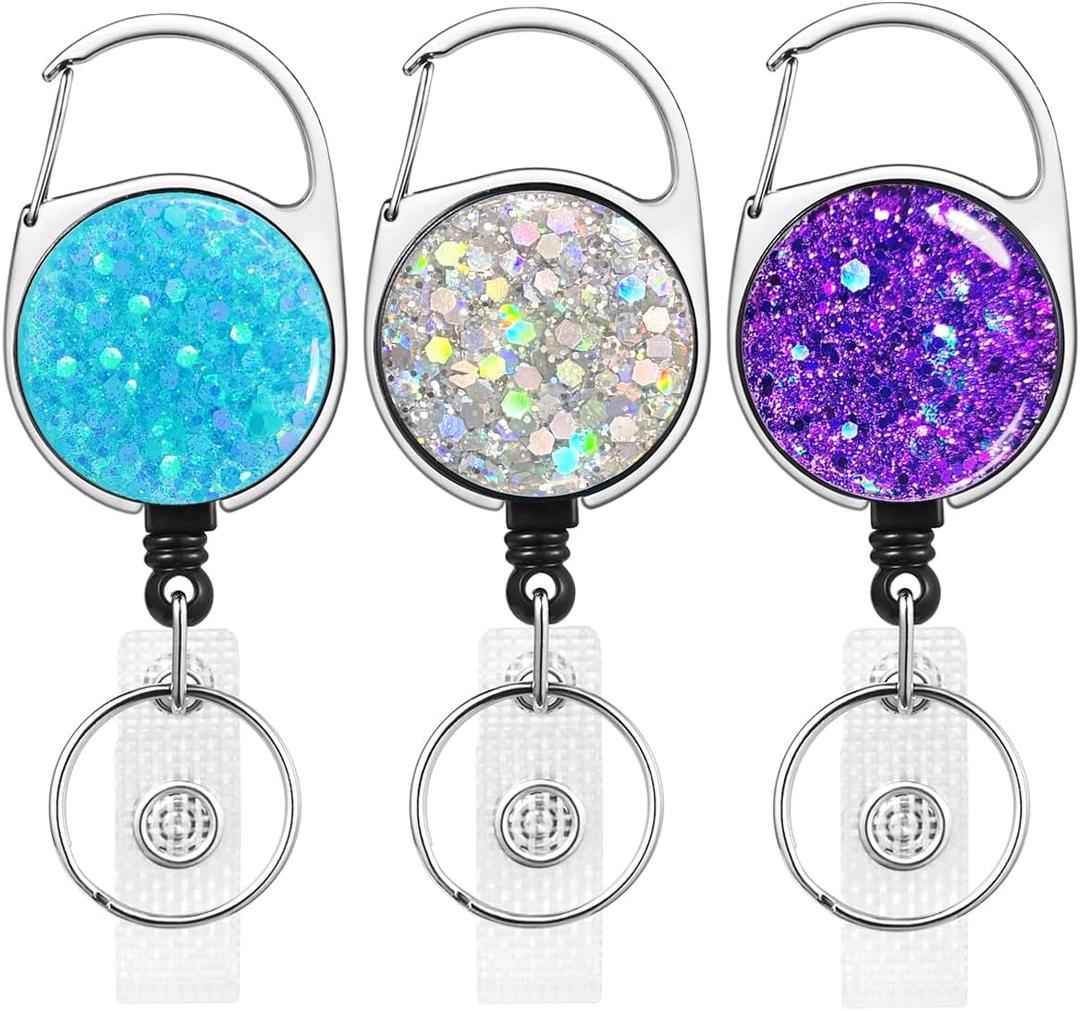 3 Pack Retractable Carabiner Badge Holder, FadyRaye Badge Reel with Belt Clip for Nurse Teacher Name Card Keychain [Bling Cute Design 27" Nylon Wire Cord] (Carabiner Silver Blue Purple)