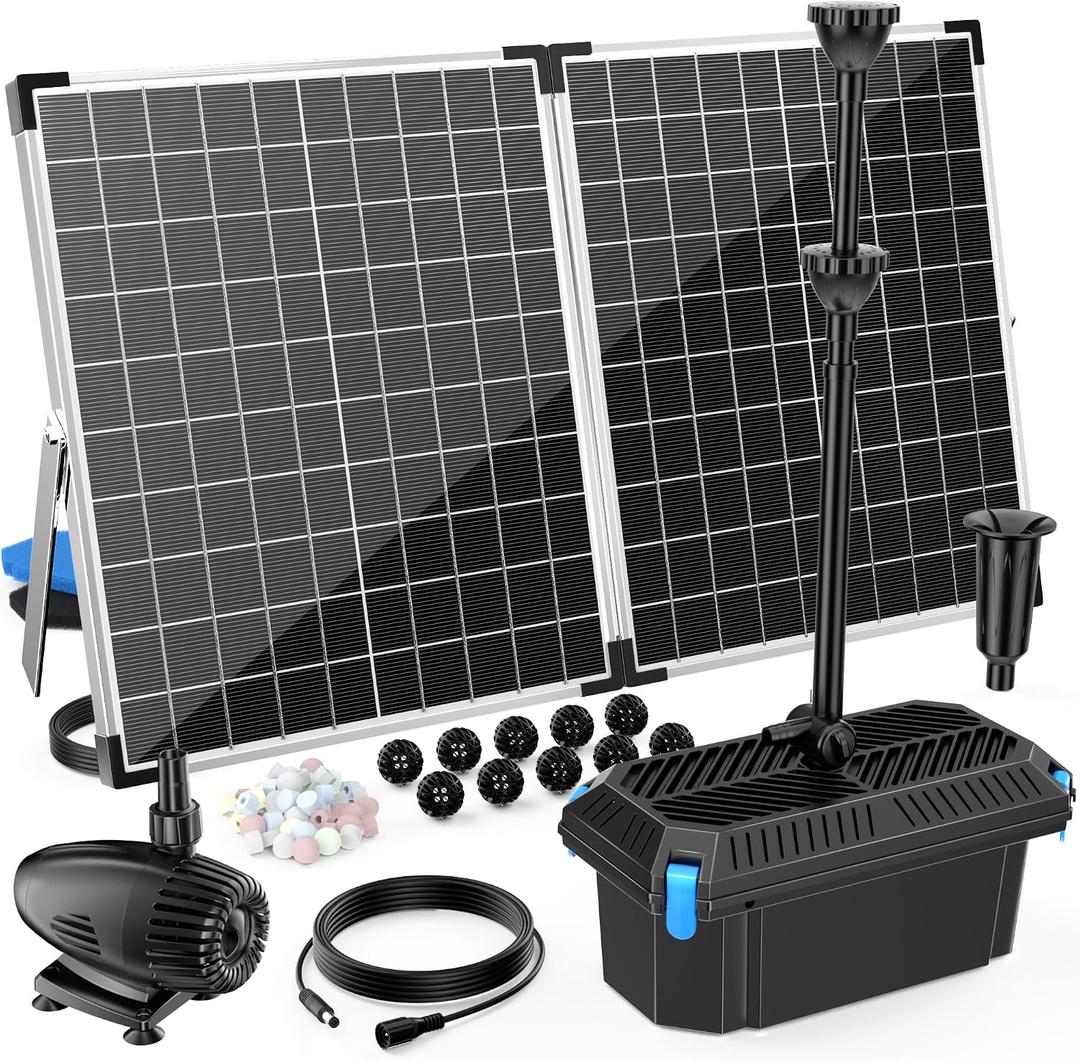 Antfraer 55W Solar Pond Filter, Solar Fountain Pump with Pond Filter Kit Adjustable Flow, Pond Filter Box with Filter Medias for Outdoor Ponds Fish Tank Pool Waterfall Koi Pond Water Features
