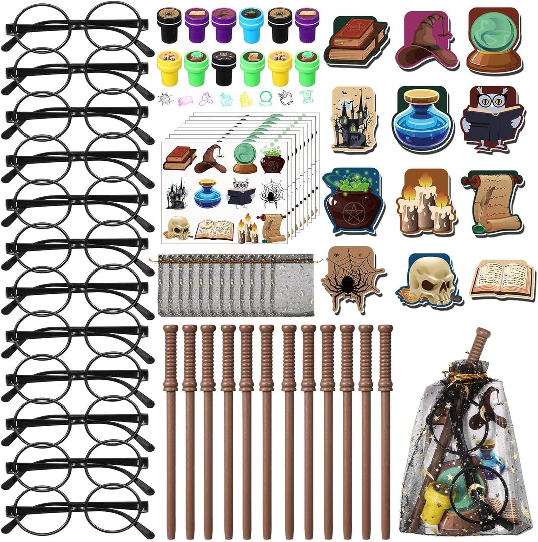 Pasimy 144 Pcs Wizard Party Favors Birthday Decorations with Mini Notebook Black Glasses Pencil Stamp Sticker Gift Bag for Adults Wizard Magical Goody Bag Stuffers Prizes Supplies (Wand)