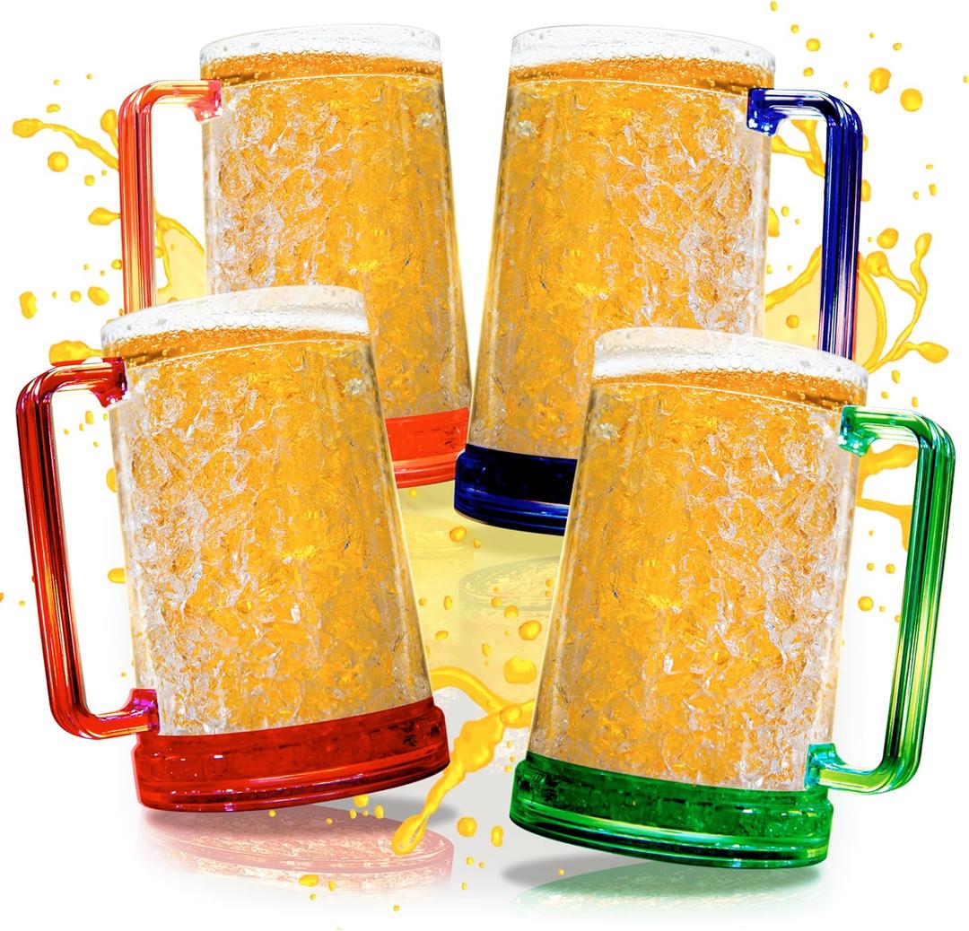 Beer Mugs with Gel Freezer 16 oz, Double Walled Beer Mugs with Handles, Color Handles, Set Of 4