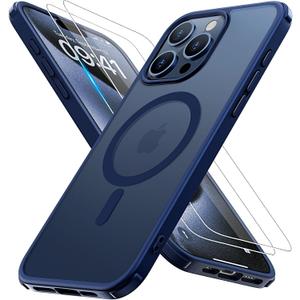 Magnetic for iPhone 15 Pro Max Case [Compatible with MagSafe] with 2X Screen Protector, Military-Grade Slim Shockproof Phone Cover Translucent Matte Anti-Fingerprint for iPhone 15 ProMax, Blue