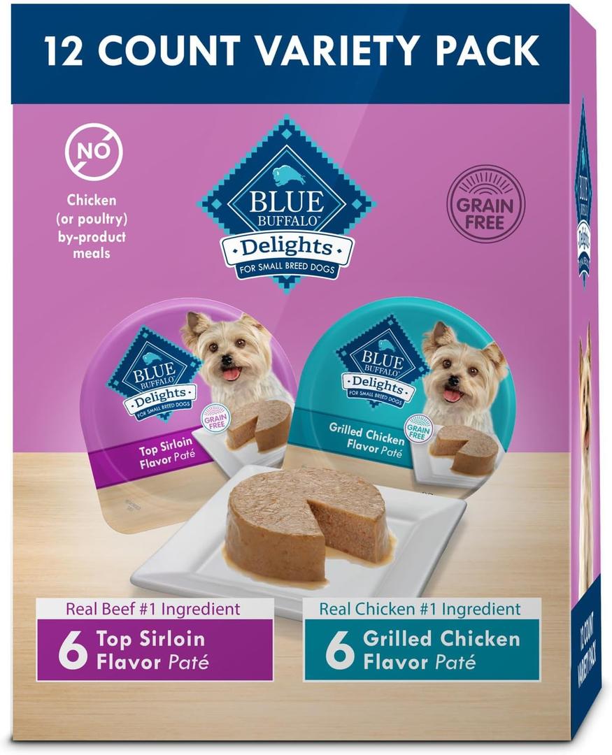 Blue Buffalo Delights Small Breed Natural Wet Dog Food Variety Pack, Top Sirloin Pat and Grilled Chicken Pat, 3.5-oz Cups, 12 Count (EXP 03/08/28)