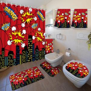Nuanchu 6 Pcs Hero Themed Shower Curtain Set with Rug Bathroom Sets with Shower Curtain Bath Mat U Shaped Mat Toilet Lid Cover 2 Bath Towels and 12 Hooks Red Hero Themed Bathroom Decor