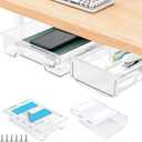 2 Pack Under Desk Drawer Organizer, Self Adhesive Hidden Drawer Storage, Slide Out Desk Organizer, Space Saving Pencil & Accessories Organizer, Under Table Storage for Home Office & School, Clear (Transparent)