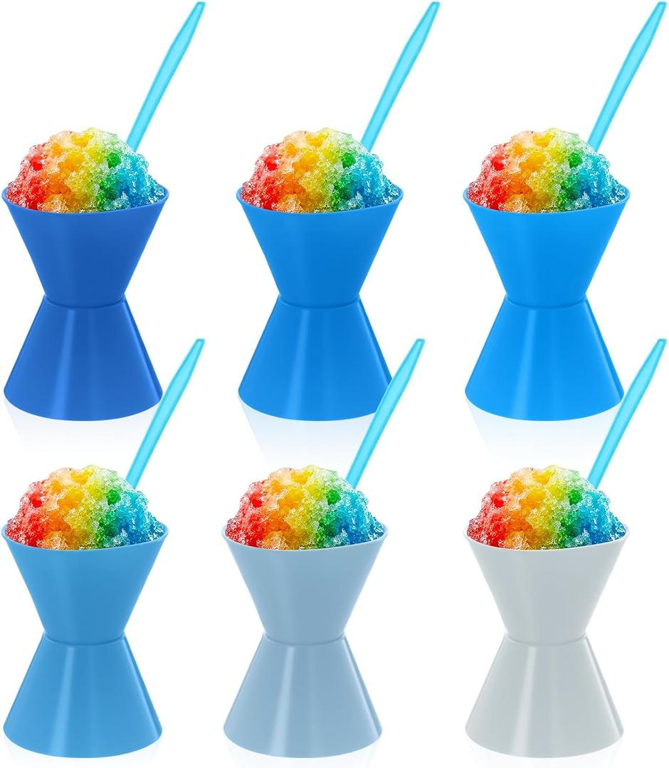 6 Pack 6oz Reusable Silicone Snow Cone Cup Set Leakproof Cups & Spoon with Holders for Summer Cookout Party Kid Friendly, for Slushies Shaved Ice & Ice Cream(Blue)