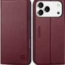 SHIELDON Wallet Case for iPhone 17 Pro Max 6.9" 2025 | Genuine Leather, RFID Blocking Credit Card Holder, Flip Design, Kickstand, Magnetic, Soft TPU Shock-Absorbent Cover - Wine Red