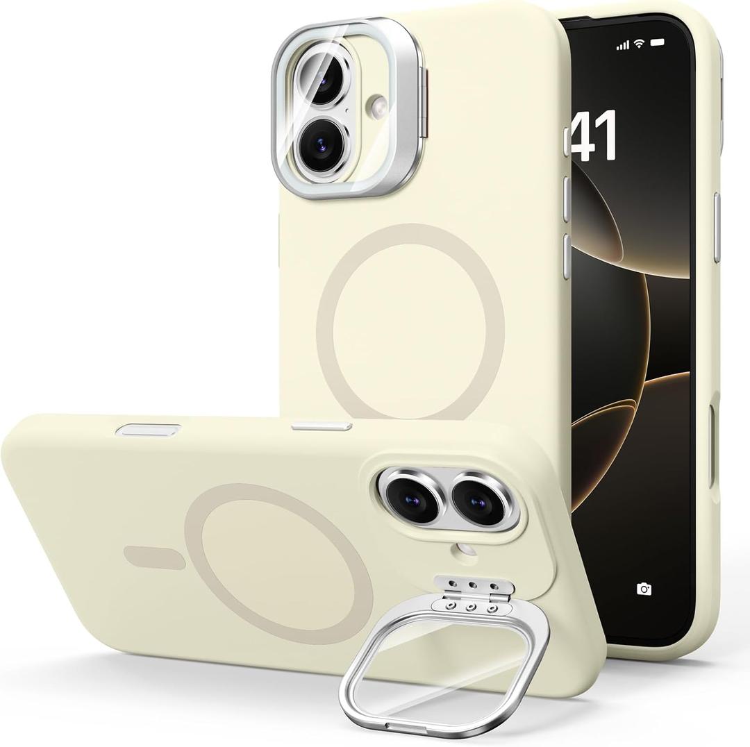 STERKER Designed for iPhone 16 Plus Case with Camera Invisible Stand [Lens Protector] [Compatible with MagSafe] Military Drop Protection Silicone Back Cover 6.7'', White