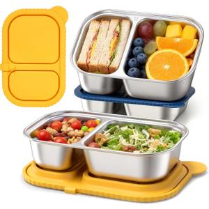 Cmonie 2-Compartment 14.5oz Stainless Steel Snack Containers, Reusable Snack Containers with Silicone Lids Food Storage Bento Box for Snacks, Fruits (2Pack-Yellow&Blue)
