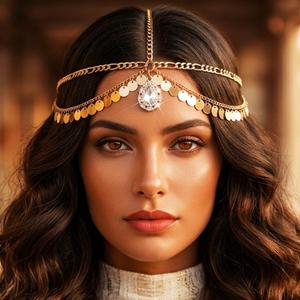 GORAIS Gold Head Chain Jewelry Sequin Egyptian Headpiece Rhinestone Boho Costume Headband for Women