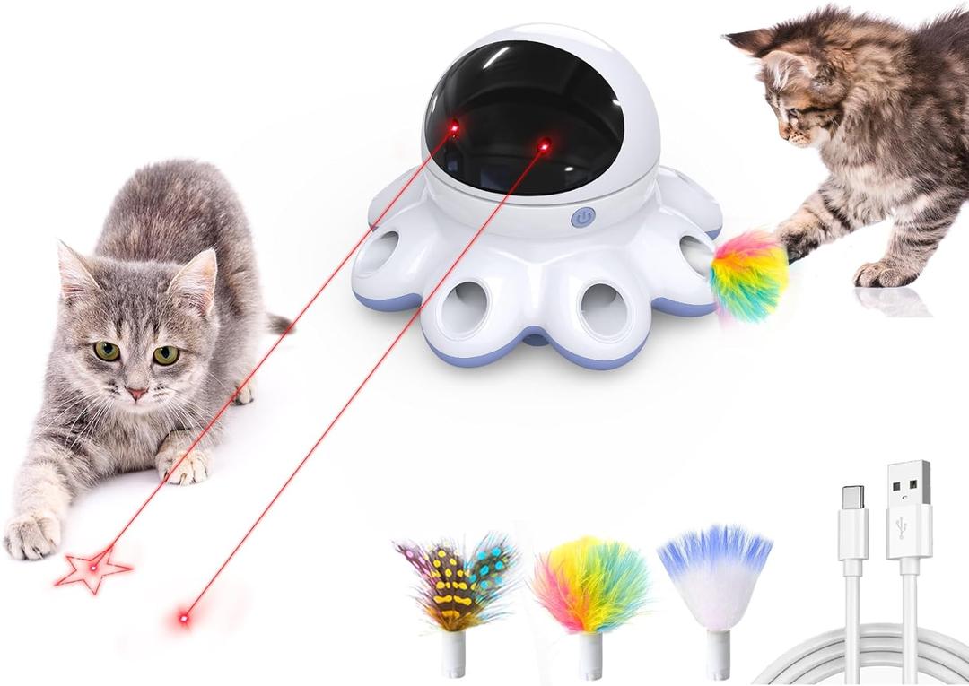 ORSDA Cat Laser Toy, 2-in-1 Interactive Automatic Motion Activated Moving 8 Holes Whack A Mole Feather, USB Rechargeable Electronic Smart Sensor Kitten Toys for Indoor Exercise (Periwinkle)