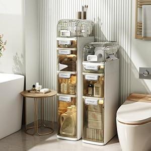 Seeday 4 Tier Slim Bathroom Storage Cabinet, Narrow Organizer with Wheels and Toilet Paper Holder, Waterproof, No Assembly Required, Perfect for Small Spaces in Bathroom, Kitchen and Living Room