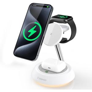 3 in 1 Wireless Charging Station, Wireless Charger Stand with Night Light, Fast Charging for iPhone 15 Pro 14 13 12 Max/Mini/Plus, for Apple Watch 8 7 6 5 4 3 2 SE, for AirPods Pro 3 2 (White)