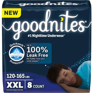 Goodnites Boys' Nighttime Underwear, Size XXL (120-165 lbs), 8 Ct, Packaging May Vary