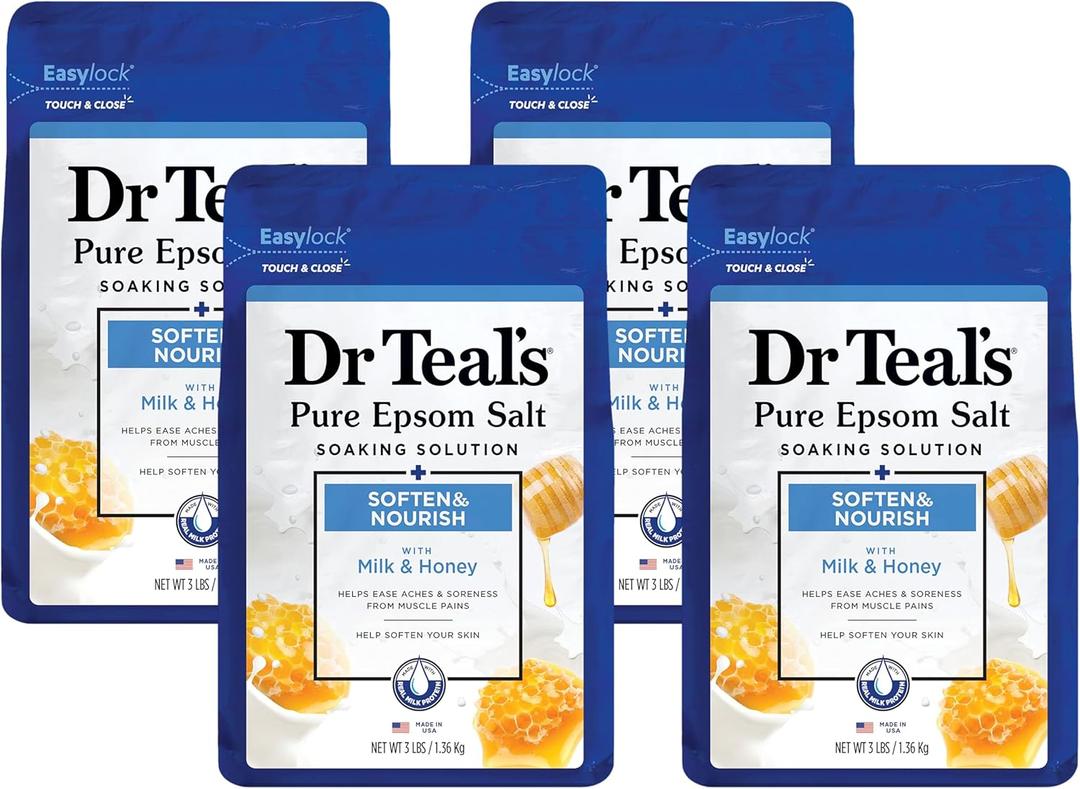 Dr. Teal's Epsom Salt Soaking Solution, Soften & Nourish with Milk and Honey, 48oz (Pack of 4)