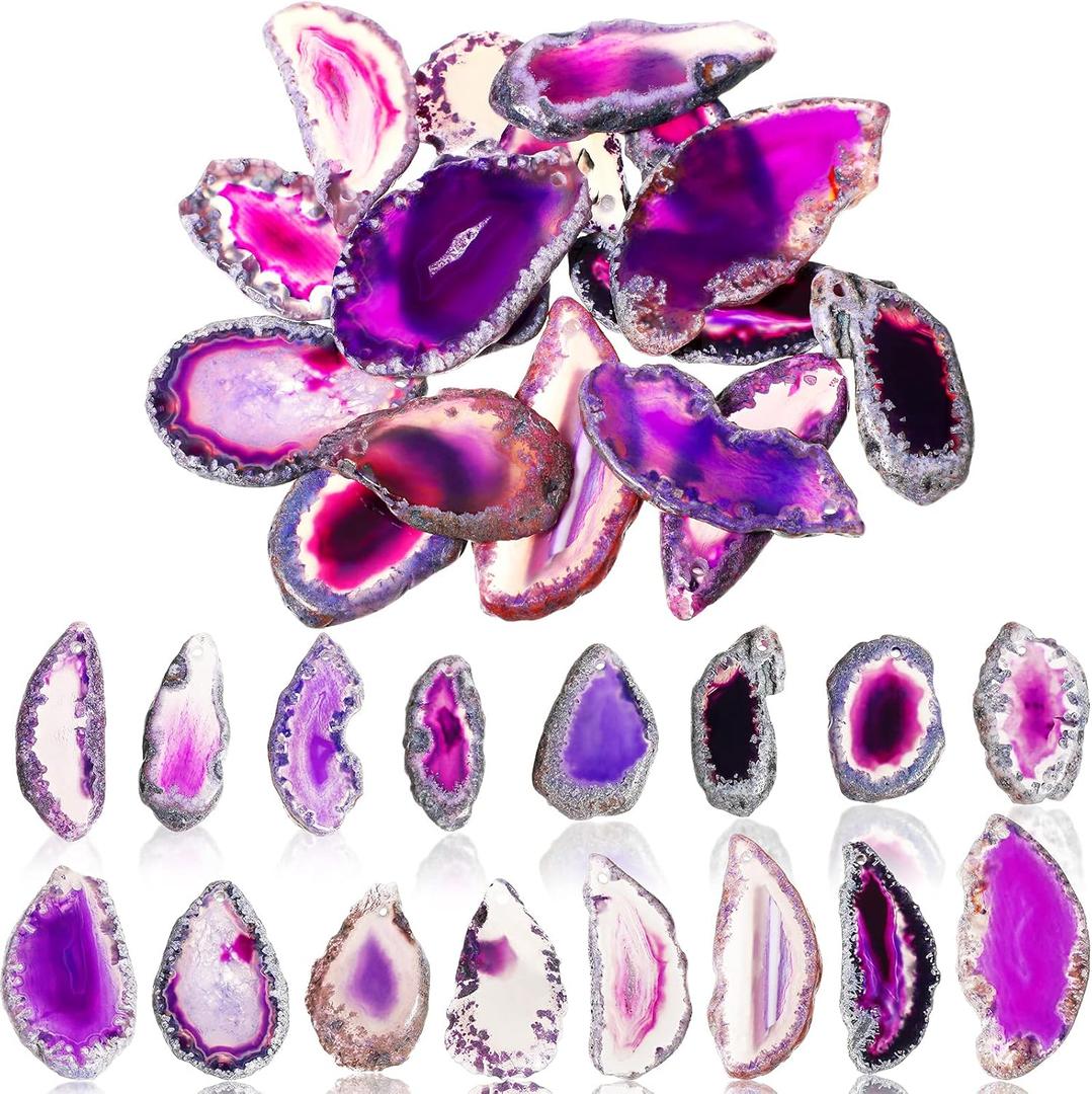 Hicarer 16 Pcs Agate Slices Polished Agate Slices with Holes Irregular Pendants Stone Bulk Drilled Geode Slivers for Christmas Women DIY Craft Gifts Jewelry Making(Purple)