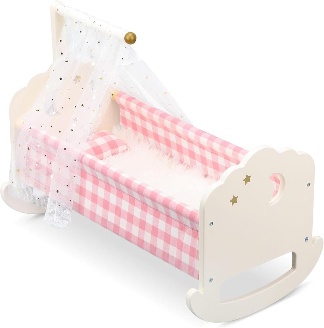 Pithfor Wooden Baby Doll Crib Set, Baby Doll Bed Toys for 18 Inch Dolls, with Bedding and Canopy, Baby Doll Furniture Accessories