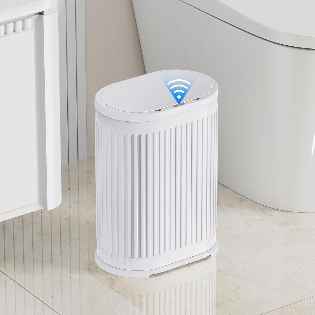 1.6 Gallon Automatic Bathroom Trash Can, 6L Touchless Motion Sensor Garbage Can with Lid, Smart Stainless Stee Trash Bin for Narrow Spaces, Bathroom, Office, Bedroom, Living Room (White)