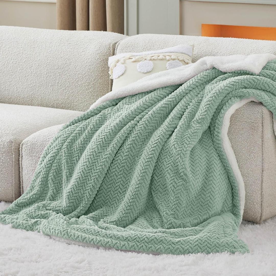 Bedsure Sherpa Fleece Throw Blanket for Couch - Herringbone Pattern Room Decor, Thick and Warm Blanket for Winter, GentleSoft Fuzzy Cozy Gifts for Women, Sage Green, 50x60 Inches