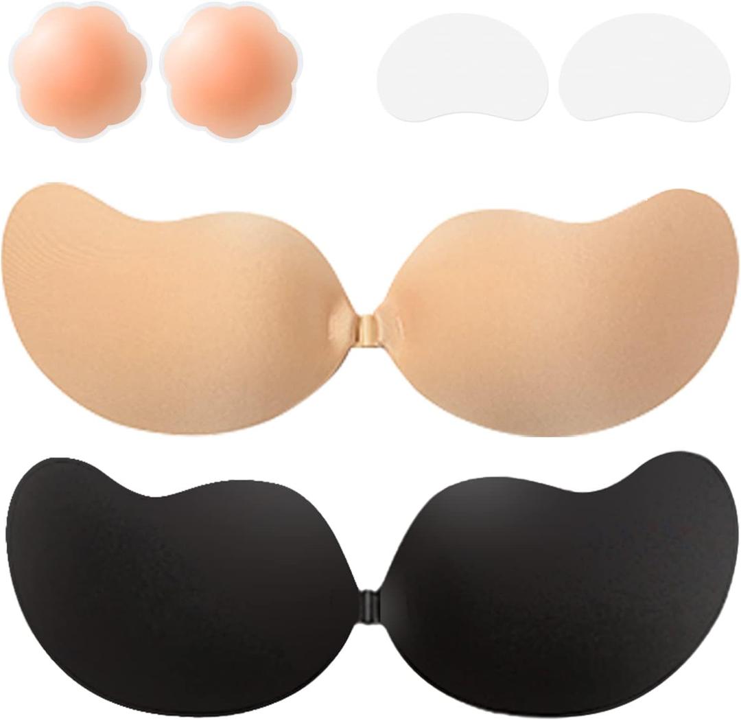 Sticky Bra Adhesive Push Up Invisible Strapless Bras for Women 2 Pairs Reusable with Nipple Covers for Backless D