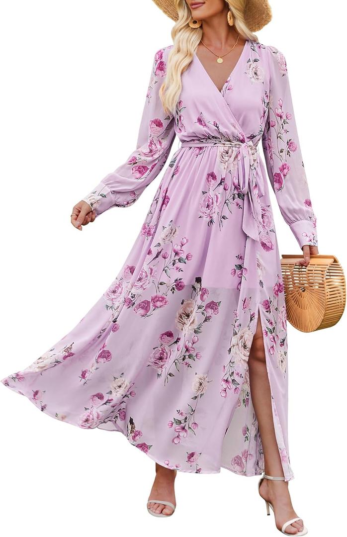 ANRABESS Womens Long Sleeve Floral Maxi Dress Boho Flowy Wrap Slit V Neck Beach Fall Wedding Guest Party Vacation Dresses Floral Purple X-Large (XL)