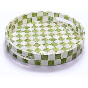 12.6" Capiz Decorative Tray with Handles, Checkered Round Serving Tray for Coffee Table, Kitchen Counter, or Bathroom (Pistachio Green)