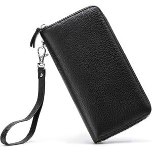 Womens Wallet RFID Blocking Genuine Leather Zip Around Wallet Clutch Wristlet Travel Long Purse for Women (Black)