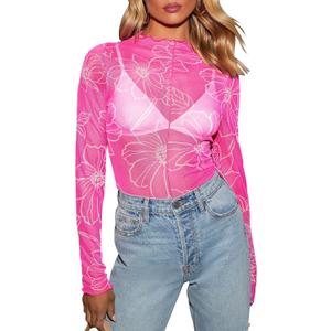 Women's Sheer Floral Long Sleeve Layering Top Ruffled Mock Neck Sheer Blouse for Casual Brunch Party Club Night Date Outfits (Medium, Floral Hot Pink)