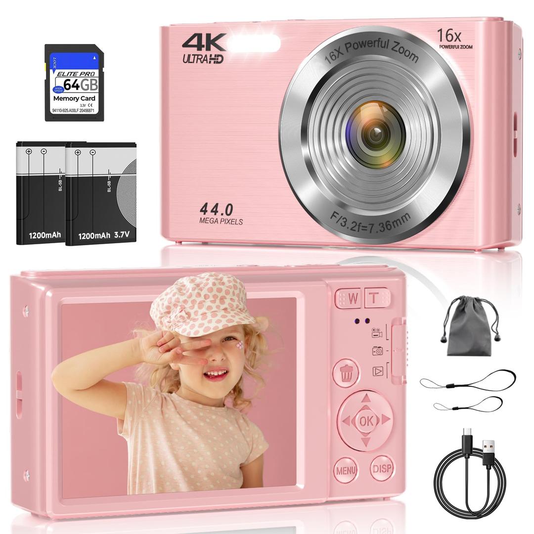 Digital Camera, FHD 4K 44MP Digital Camera for Photography, 16X Digital Zoom, Digital Point and Shoot Camera with 3-LED Fill Lights, 64GB SD Card, Compact Camera for Kids Teen Boys Girls, Pink