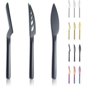 2 x Kyraton Black Cheese Knife Set of 3, Ergonomic Design Titanium Black Plated Cheese Slicer, Butter Knife Spreader, Cheese Cutter, Cheese Knives for All Type of Cheese