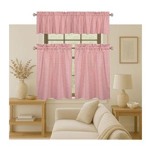 Native Fab Gingham Check 3 Pieces Window Curtain Tiers 26"x36" and Valance 54"x18" Set - Rod Pocket - Semi Sheer - Farmhouse Small Curtain for Kitchen, Bedroom, Living Room - Red and White