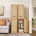 TEENFON 67" H Tall Storage Cabinet with 2 Rattan Doors and 1 Drawer, Narrow Rattan Cabinet with Adjustable Shelves, for Living Room, Entryway, Kitchen, Natural, 11.8"D x 15.7"W x 67.1"H