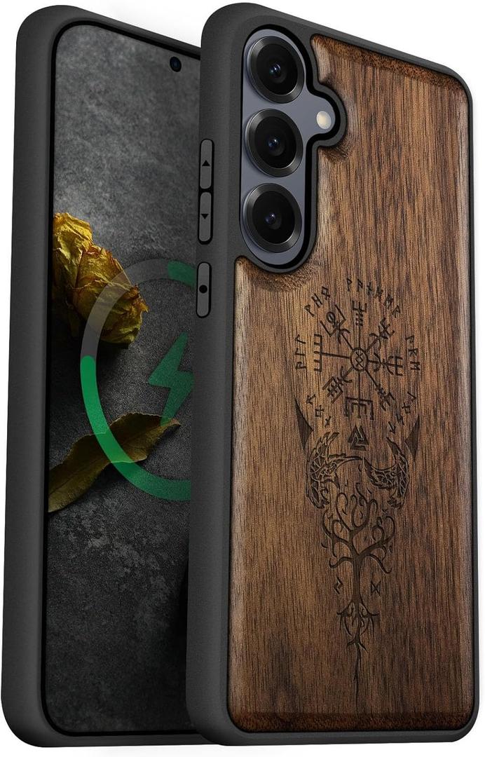 Carveit Magnetic Wooden Case for Samsung Galaxy S25 Case 2025, TPU Shockproof Cover & Wood Artisan Engraved, Compatible with MagSafe Wireless Chargers (The Guiding Vegvisir) Walnut (Viking Compass-Walnut)