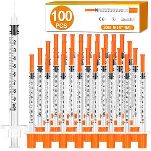 100 Pack 1ml Syringes with Needle-30Ga 5/16 Inch, Individually Sealed Packaging