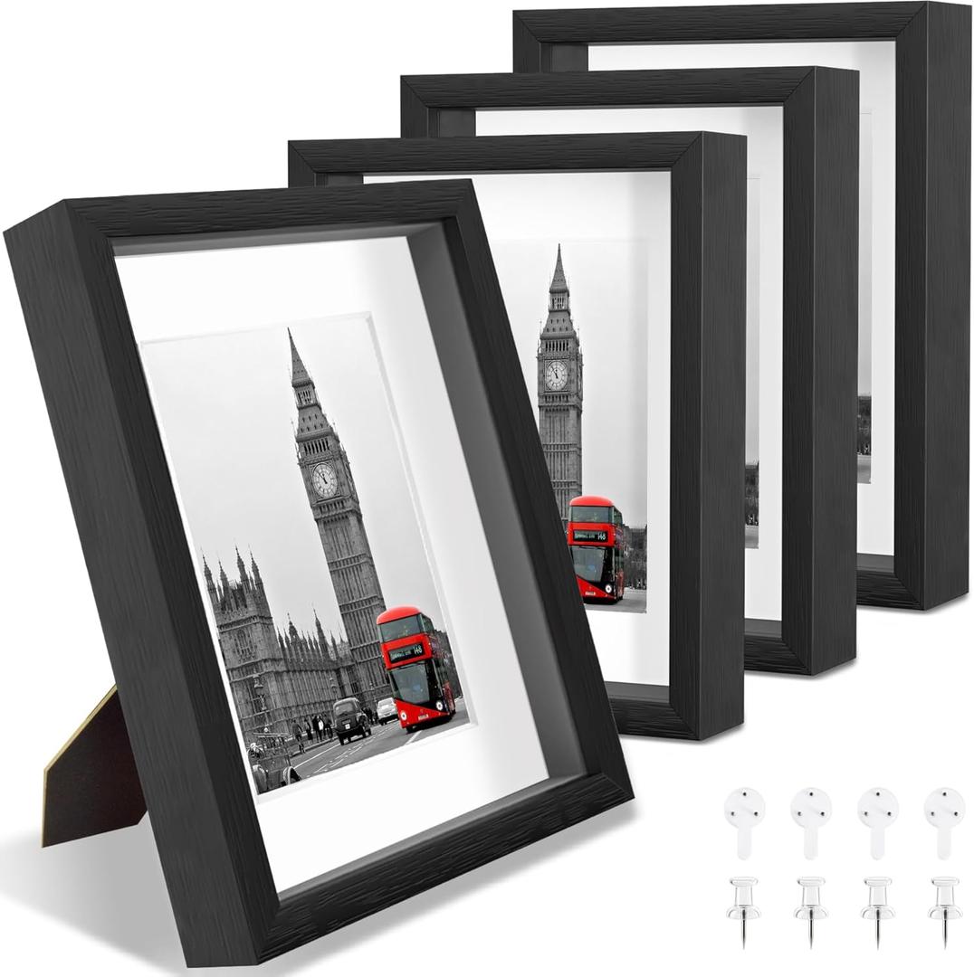 11x14 Shadow Box Picture Frames 4 Pack, Wooden Display Cases with Linen Board, Use as 9x12 Frame with Mat or 11x14 without Mat, 1.0" Interior Depth for Flowers Memorabilia Collectibles, Black